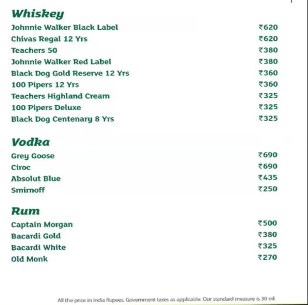 Bar Menu