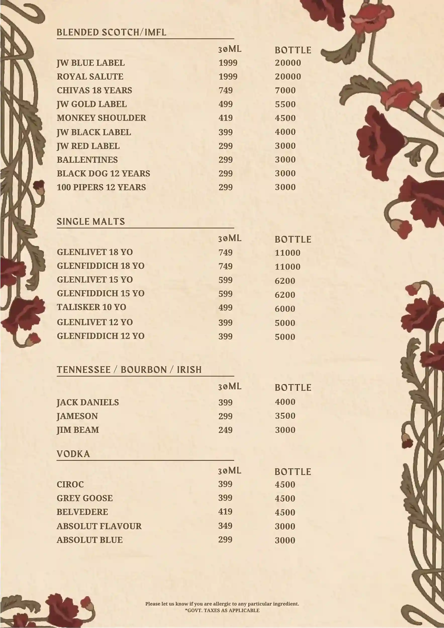 Bar Menu